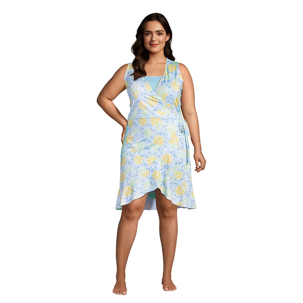 LANDS END Ruffle Hem Sleeveless Swim Cover-up Wrap Dress citrus lemon SIZE LARGE